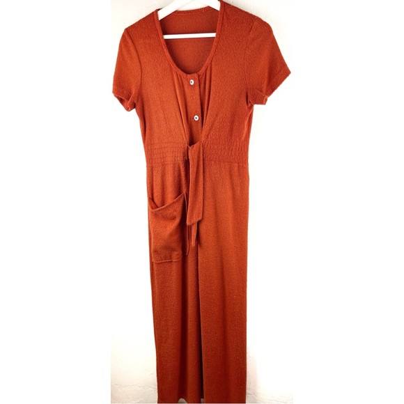 Vintage 70s E-Stewart Dress Full Button Down Brown / Red Ca Size D Belted - Picture 1 of 5